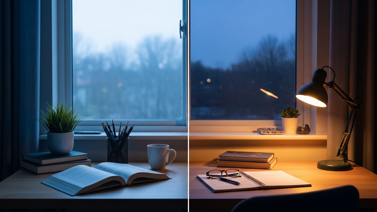 Scrivania alla finestra che passa dalla luce del mattino al bagliore della lampada serale