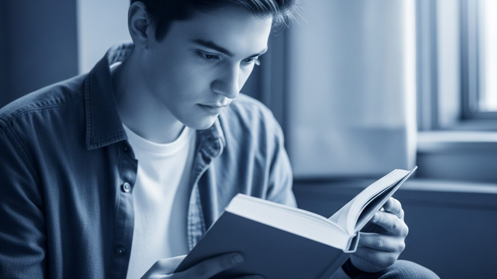 Studente che legge un libro con attenzione, sguardo concentrato, luce naturale
