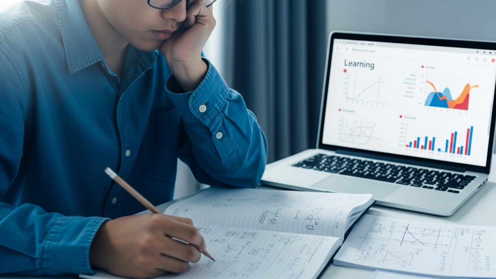 Studente che risolve problemi di matematica sul quaderno con un laptop accanto