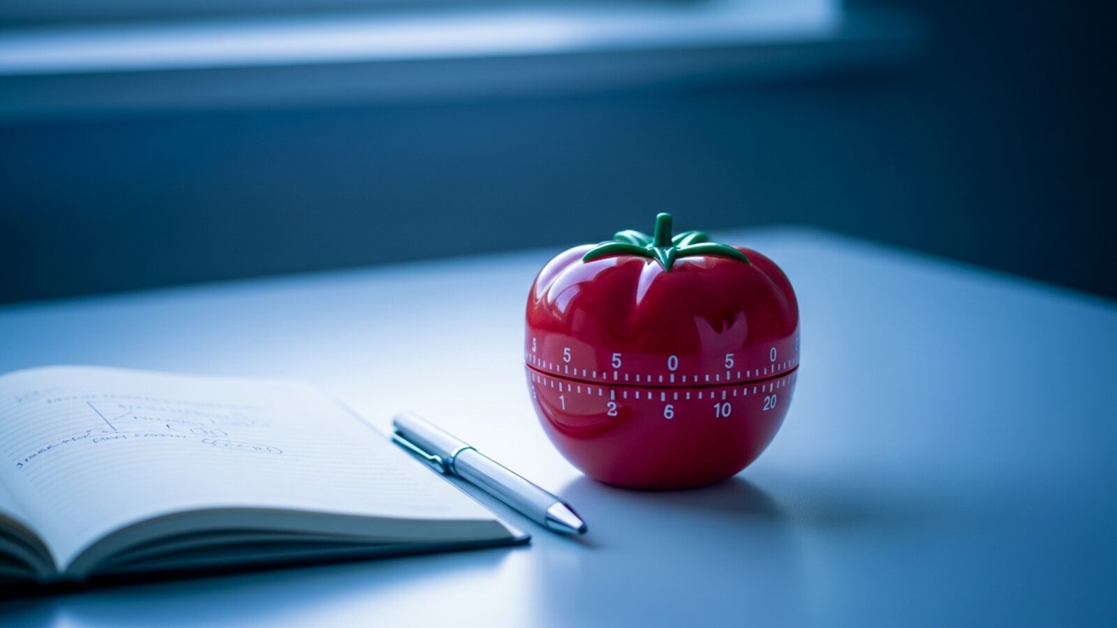 Scrivania ordinata con timer da cucina a forma di pomodoro, quaderno aperto, luce naturale